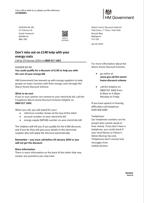 United Kingdom HM Government Warm Home Energy business utility bill template in Word and PDF formats
